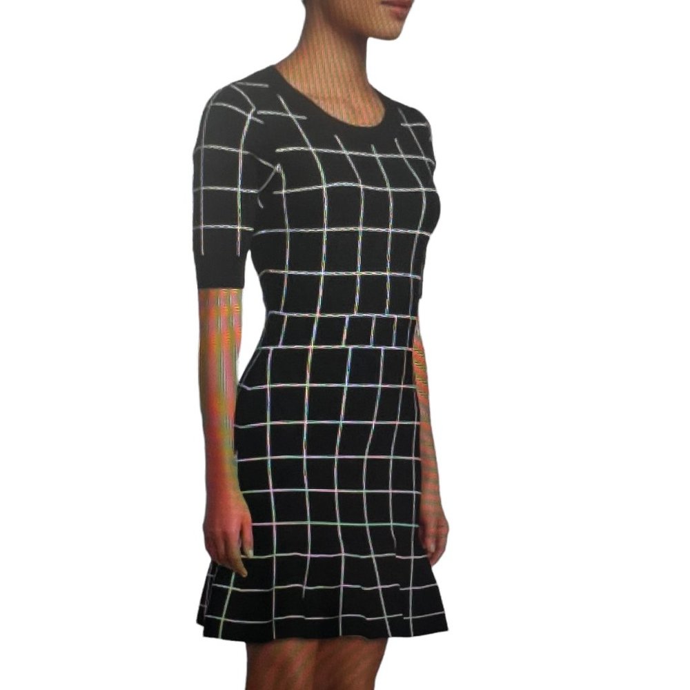 MILLY Black & White Windowpane Knit A-Line Dress – Open Back – Size M - Picture 3 of 16